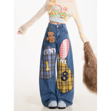 批发美式复古格子贴布刺绣<b class='q'>牛仔裤</b>男女潮牌宽松显瘦阔腿弯刀拖地裤