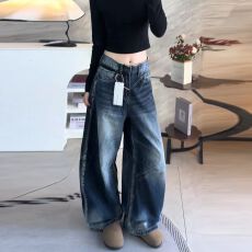 批发复古水洗蓝***须弯刀牛仔裤<b class='q'>男</b>女微喇宽松阔腿拖地镰刀裤直筒哈伦