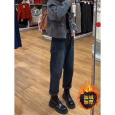 批发大码弹力加绒直筒<b class='q'>牛仔</b>裤女秋冬胖mm高腰显瘦老爹<b class='q'>哈伦</b>萝卜九分裤子