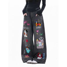 批发美式凡乐鼠复古卡通毛巾绣牛仔裤女春秋甜酷风宽松直筒阔腿长裤