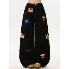 批发【弯刀卡通毛巾】阔腿沐森牛仔裤女2025秋季趣味植绒刺绣工装