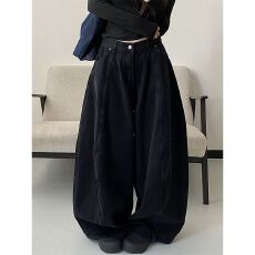 批发弯刀气球裤秋冬沐森高腰设计感黑色阔腿水洗工艺时髦美式牛仔裤