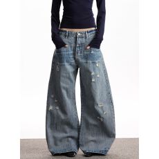 批发美式雀斑复古竹节水洗做旧破洞弯刀牛仔裤宽松直筒微喇显瘦裤子