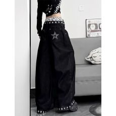 批发刺绣撞色巴鲁米腰头牛仔裤子女秋辣妹小众星星印花阔腿拖地长裤