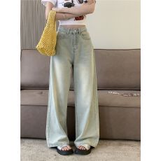 批发浅色休闲阔腿水洗<b class='q'>牛仔裤</b>男女夏新款高腰垂感显瘦直筒宽松拖地裤潮