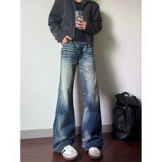 批发美式高街vibe风水洗做旧<b class='q'>牛仔裤</b><b class='q'>男</b>女百搭宽松休闲直筒微喇阔腿裤潮