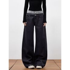 批发【双腰头拼接水洗牛仔】薄款ootd阔腿牛仔裤女春秋高腰宽松拖地裤