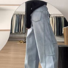 批发加绒加厚宽松休闲牛仔裤女高街显瘦直筒阔腿长裤潮