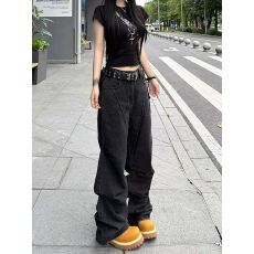 批发大码美式复古黑色微喇叭牛仔<b class='q'>裤</b>女亚文化穿搭秋冬高腰<b class='q'>显瘦</b><b class='q'>裤</b>子