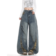 批发美式复古设计感豹纹拼接弯刀<b class='q'>牛仔裤</b>女宽松百搭显瘦阔腿拖地长裤子