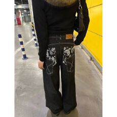 批发美式新风格复古水洗印花阔腿<b class='q'>牛仔裤</b>男女同款宽松直筒拖地裤百搭潮