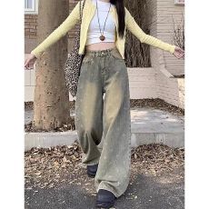 批发美式高街重工做旧水洗黄泥牛仔裤<b class='q'>男</b>女春秋高级感痞帅直筒阔腿<b class='q'>长裤</b>