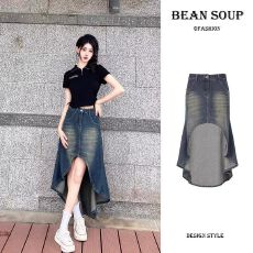 批发甜辣风<b class='q'>复古</b>设计感不规则半身裙高腰A字做旧辣妹中长款垂感牛仔裙