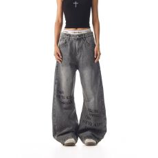 批发<b class='q'>牛仔裤</b>休闲设计感阔腿裤微喇宽松长裤高街男女款百搭<b class='q'>牛仔裤</b>直筒