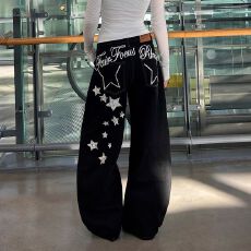 批发美式新风格复古星星黑色男女<b class='q'>春</b>弯刀牛仔裤宽松阔腿长裤情侣休闲裤