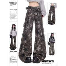 批发美式微喇迷彩工<b class='q'>装</b>牛仔裤春新款<b class='q'>女</b>高腰宽松百搭时尚阔腿拖地裤