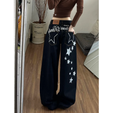 批发美式复古水洗字母星星印花弯刀牛仔裤女街头潮牌宽松显瘦拖地<b class='q'>长裤</b>