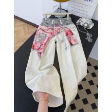 美式街头3D衬衫绑带印花牛仔裤女潮牌嘻哈hiphop宽松高腰阔腿长裤