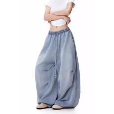 批发美式街头褶皱松紧腰阔腿<b class='q'>牛仔裤</b>男女宽松休闲hiphop垂感裤子潮夏季