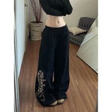 批发松紧腰带裤绳豹纹新风格口袋直筒牛仔裤<b class='q'>女</b>春夏高腰宽松阔腿<b class='q'>长裤</b>