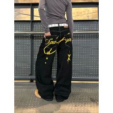 批发美式新风格复古星星字母印花直筒牛仔裤<b class='q'>女</b>春夏百搭阔腿<b class='q'>长裤</b>情侣潮