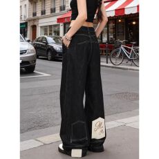 批发美式高街做旧水洗设计感反穿倒装马毛<b class='q'>牛仔裤</b>子<b class='q'>女</b>辣妹个性拖地长裤