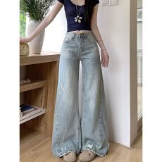 批发浅蓝色水洗<b class='q'>微喇</b><b class='q'>牛仔裤</b>女夏季美式复古高腰直筒拖地裤百搭马蹄裤