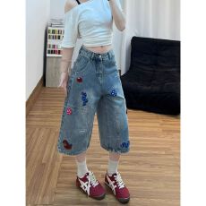 批发小狗刺绣六七分牛仔<b class='q'>短裤</b>女夏季薄款<b class='q'>高腰</b>宽松显瘦复古直筒阔腿中裤