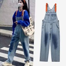 批发小众乔小主撞色潮牌<b class='q'>牛仔</b>背带裤女夏季宽松美式直筒工装吊带<b class='q'>连体裤</b>
