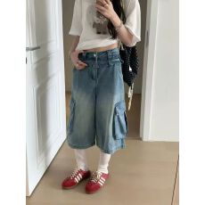 批发<b class='q'>韩版</b>夏季新款工装牛仔七分裤女宽松显瘦百搭复古水洗阔腿裙帘中裤