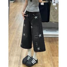 黑色星星破洞直筒牛仔七分裤女夏季新款宽松显瘦直筒阔腿中裤短裤