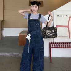 批发美式复古波点工装背带裤女春秋宽松休闲高街直筒连体<b class='q'>阔</b>腿长裤潮牌