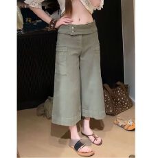批发美式复古重工设计感腰头工装牛仔裤子<b class='q'>女</b>夏新款时尚百搭微喇<b class='q'>七分裤</b>