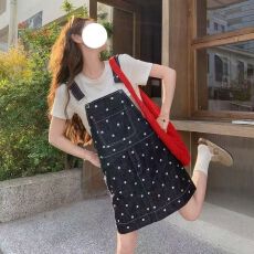 批发波点短款牛仔背带裙女<b class='q'>夏</b>直筒休闲宽松减龄显瘦牛仔背带连衣裙女