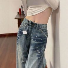 批发美式复古蓝<b class='q'>钉珠</b>阔腿<b class='q'>牛仔裤</b>女2026夏季新款高腰宽松显瘦直筒拖地裤
