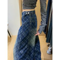 批发美式复古深蓝色格纹弯刀<b class='q'>牛仔裤</b>女秋冬街头潮牌宽松<b class='q'>休闲</b>阔腿拖地裤