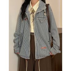 批发复古欧若风蓝白条纹串珠抽绳<b class='q'>翻领</b>夹克男韩系短款工装外套