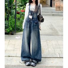 批发2026秋季<b class='q'>背带裤</b><b class='q'>牛仔</b>宽松舒适美式潮流设计复古蓝高腰显瘦拖地长裤