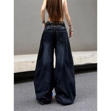 批发【好质量】美式复古高街阔腿牛仔<b class='q'>裤</b>女2026<b class='q'>新款</b>感宽松弯刀拖地<b class='q'>裤</b>子