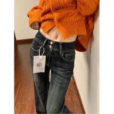批发美式蓝灰色双扣微喇牛仔裤女2026<b class='q'>秋</b>冬低腰弹力修身显瘦直筒喇叭裤