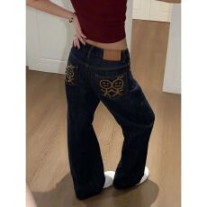 批发美式小众设计字母刺绣阔腿牛仔裤男女直筒宽松休闲潮流<b class='q'>长裤</b>