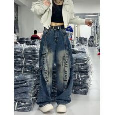 批发日系潮流美式复古工装<b class='q'>牛仔裤</b>男女摇滚泼墨手绘小众水洗做旧阔腿裤