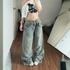 批发美式OOTD辣妹不规则搭片拼接牛仔裤女秋新款做旧<b class='q'>水洗</b>设计感拖地裤