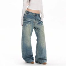 批发美式复古低腰水洗阔腿高街微喇牛仔裤女<b class='q'>春</b>秋宽松休闲长裤子