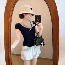 批发miu系藏蓝色格纹拼接正肩短袖t恤女夏季纯欲bm修身蝴蝶结系带上衣