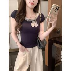 批发甜辣妹复古撞色短袖正肩T恤女夏季新款小众绑带修身显瘦洋气上衣