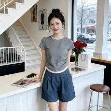 批发韩版修身螺纹棉拼接撞色短袖圆领T恤女夏季新款辣妹简约百搭上衣