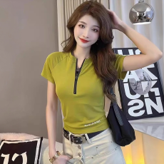 批发2026夏季新款时尚拉链短袖T恤女收腰修身显瘦洋气<b class='q'>打底衫</b>短款上衣