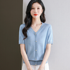 批发短袖t恤女2026新款爆款夏季<b class='q'>妈妈</b>V领遮肚上衣薄款冰丝<b class='q'>针织衫</b>