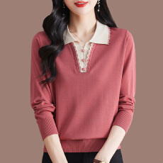 批发秋季桑蚕丝长袖t恤女漂亮洋气妈妈翻领针织上衣宽松遮肚打底小衫